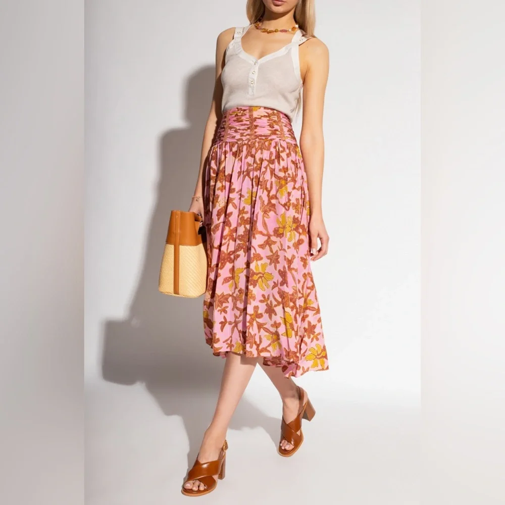 Ulla Johnson Amaia Pleated Pink Floral Silk Skirt | Size 6